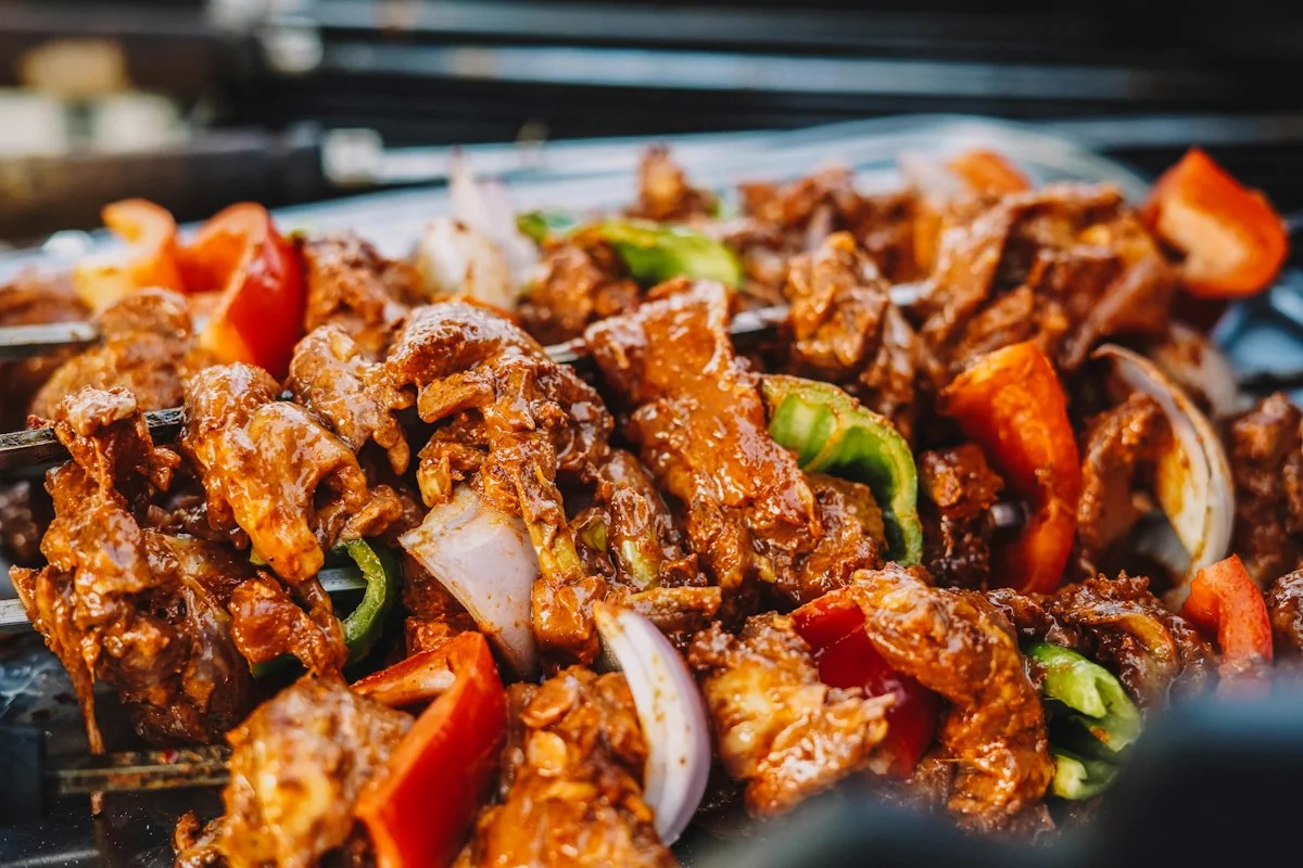 Fresh marinated grills over charcoal in our kitchen